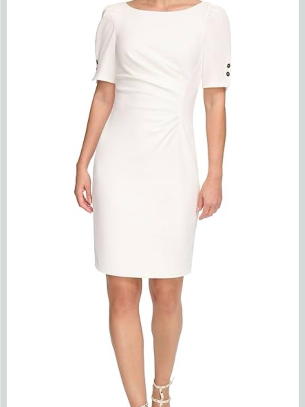 DKNY Women's S/S Ruched Knee Length Sheath Dress W/Button Detail Size 10 - Ivory - Picture 2 of 4